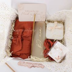 an open gift box filled with personal items for someone's special day or birthday