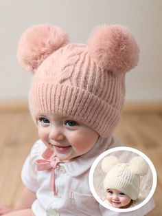 1pc Baby Double Pom-Pom Beanie, Cozy Knit Winter Warm Heart Cute Hat For Kids Pink,White Cute,Daily   Acrylic  Knit Hat   Kids Accessories, size features are:Bust: ,Length: ,Sleeve Length: Baby Girl Winter Hat, Beige One-size Winter Bonnet, Baby Hat With Fur, Baby Girl Beanies, Double Pom Pom Beanie, Girls Winter Hats, Hat For Kids, Toddler Beanie, Baby Winter Hats