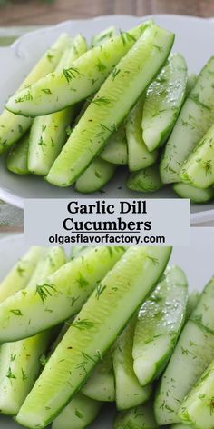 two plates filled with sliced cucumbers on top of a table