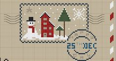 a cross stitch pattern with a red lighthouse and snowman in the background on a beige background