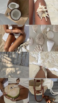 several different pictures of women on the beach with shells and coconuts in their hands