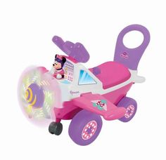 a pink and purple toy car with mickey mouse on it's side, in front of a white background