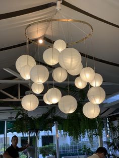 a man standing under a chandelier with white paper lanterns hanging from it's ceiling