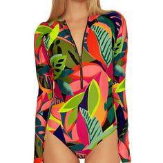 Trina Turk One-Piece Surf Swimsuit In Beautiful And Vibrant Floral Pattern That Would Look Gorgeous On Your Tan Skin! Whether You're Paddle Boarding, Or Simply Protecting Your Skin From The Sun, Suit Up In This Fitted Paddle Suit. Show Your Extravagant Tropical Print This Summer In This Flattering Long-Sleeve Fitted Silhouette Swimsuit - Ideal For Any Activity, In Or Out Of The Water. Cutout Back With Full Seat Coverage. Retailed At $172.00! Available In Size: S, M, L, Xl Details Include: One Pi Turquoise Swimsuit, Wrap Bathing Suit, Surf Swimsuit, High Neck One Piece, Rashguard Swimsuit, Blue One Piece, Suit Swimsuit, Swimming Bathing Suits, Ruffle Swimsuit