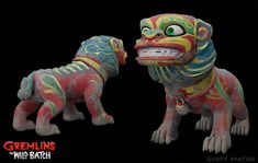 two colorful foo foo statues on black background with caption gremlin's wild batch