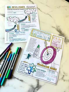 some markers and pens are sitting on a marble counter top next to an activity book