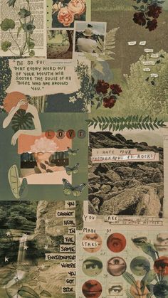 collage with flowers, plants and words on it