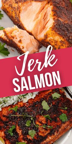 a plate with salmon, rice and greens on it that says perk salmon over the top