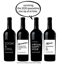 three bottles of wine are shown with a comic bubble above them that says, zoom the virtual happy hour