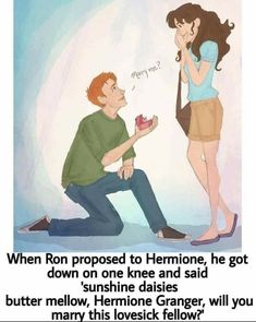 a man kneeling down next to a woman holding a piece of cake with the caption when ron proposed to her, he got down on one knee and said