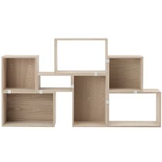 four wooden shelves with white frames on each side and one empty shelf in the middle