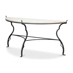 a white table with black iron legs and a marble top on an isolated white background