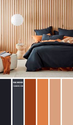 a bedroom with brown and orange colors in it