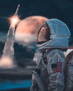 an astronaut looking at the moon with a rocket in the background