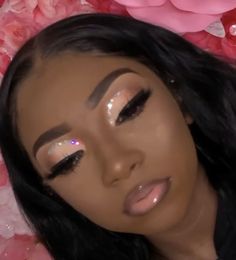 Silver Makeup Ideas For Black Women, Makeup Looks With Diamonds Black Women, Natural Glam With Glitter, Natural Face Beat Black Women, Prom Makeup Looks With Rhinestones, Natural Makeup Looks With Glitter, Natural Glam Makeup Black Women Glitter, Natural Makeup For Black Women Glitter, 17th Birthday Makeup Ideas