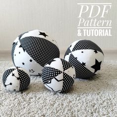 three black and white polka dot balls on the floor with text overlay that reads, pdf pattern & tutorial