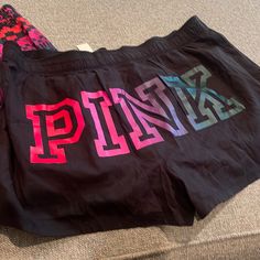 Size Large One Brand New With Tags Other On Euc No Flaws Pink Stretch Shorts For Sleepover, Stretch Pink Shorts For Sleepover, Sporty Pink Pajama Shorts For Loungewear, Black Pajama Shorts For Sleepover, Sporty Pink Shorts With Letter Print, Sporty Pink Summer Sleepwear, Pink Stretch Pajama Shorts For Workout, Sporty Pink Pajama Shorts, Black Casual Shorts For Sleepover