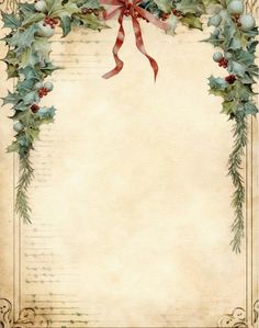 an old fashioned christmas card with holly, mist and berries on parchment paper in the center