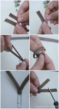 four pictures showing how to make a ribbon with scissors and tape on the end,