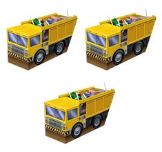 three yellow toy trucks with people in the back