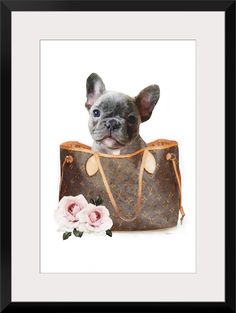 a small dog sitting in a brown purse with pink flowers on the side and white background