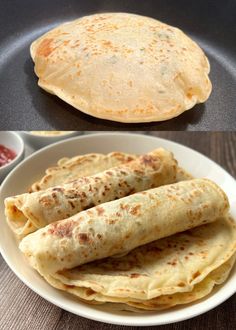 there are three different types of flat breads on the plate and in the pan