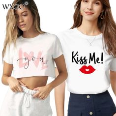 Love You Kiss Me Print Women T-shirt Kawail Crop Tops Sexy Short T Shirt for Women Graphic Tees Female Aesthetic Harajuku Summer Kpop Tops With Text Print, Kpop Style Text Print T-shirt For Summer, White Kpop Style Tops With Letter Print, White Kpop Style Top With Letter Print, Summer Kpop Style Short Sleeve Top, White Kpop Top With Text Print, Female Aesthetic, Women Graphic Tees, Women Graphic