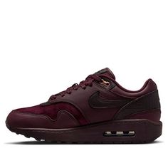 (WMNS) Nike Air Max 1 '87 'Burgundy Crush' DV3888-600 (SNKR/Casual/Low Top/Women's/Non-Slip/Wear-resistant/Shock-absorbing) Burgundy Sneakers With Cushioned Footbed For Streetwear, Burgundy Cushioned Sneakers For Streetwear, Sports Sneakers With Cushioned Footbed In Burgundy, Burgundy Sports Sneakers With Cushioned Footbed, Burgundy Cushioned Sneakers For Sports, Nike Sporty Burgundy Sneakers, Nike Burgundy Sporty Sneakers, Burgundy Nike, Burgundy Nikes