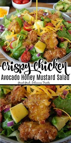 a salad with dressing being drizzled over it and then topped with chicken