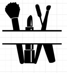 two black and white silhouettes of makeup brushes on a shelf, one with a brush