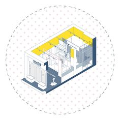 the floor plan for an office building with yellow and blue accents, including a small kitchen