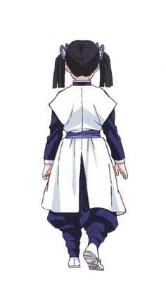 the back view of an anime character wearing a white and blue outfit with black hair