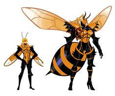 two bees are standing next to each other, one is wearing a yellow and black suit