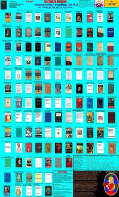 a large poster with many different books on the front and back cover, all in blue