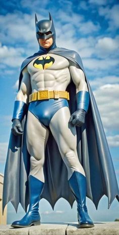 a statue of batman standing on top of a cement block in front of a blue sky