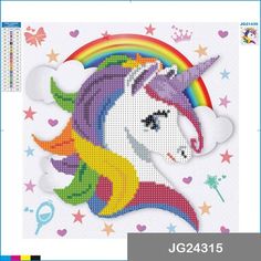 a cross stitch pattern of a unicorn with rainbows and stars on it's face