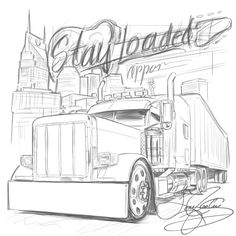 a drawing of a semi truck in front of a cityscape