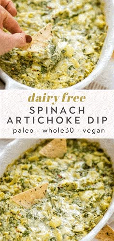 spinach artichoke dip in a white bowl with tortilla chips