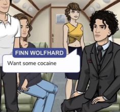 a man in a suit and tie standing next to two women on an airplane with the caption finn wolfhard want some coaine