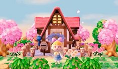 an animal crossing game with a house and trees in the foreground, surrounded by pink flowers