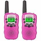 two pink walkie talkies sitting next to each other on a white background,