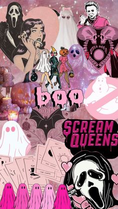 the poster for scream queens is shown in pink and purple tones, with ghost images on it