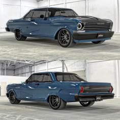 two pictures of an old blue car in a garage, one showing the front and side views