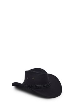 giddy up! This cowboy hat has braided trim details, a wide upturned brim, and adjustable straps beneath the chin. Adjustable Black Western Sun Hat, Black Western Sun Hat With Curved Brim, Black Western Sun Hat With Flat Brim, Black Western Brimmed Sun Hat, Black Summer Hat Bands For Ranch, Black Western Style Wide Brim Sun Hat, Black Western Wide Brim Sun Hat, Black Wide Brim Western Sun Hat, Black Brimmed Sun Hat For Rodeo