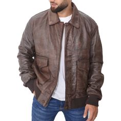 [additional] Mens Aviator A-2 Distressed Brown Real Leather Flight Bomber Jacket Aviator leather jackets like this Distressed Brown Jacket have been around for centuries. Originally designed for pilots in the US military during World War II, the A2 jacket quickly became a fashion staple due to its practicality and rugged charm. People love the Aviator A2 jacket for its classic and versatile style. The distressed leather gives it a vintage look, while the clean lines and minimal detailing make it Fall Leather Aviator Biker Jacket, Fall Aviator Leather Jacket With Pockets, Leather Biker Jacket For Fall, Rugged Leather Jacket For Fall Streetwear, Vintage Brown Rugged Leather Jacket For Fall, Brown Aviator Leather Jacket With Pockets, Distressed Leather Outerwear For Streetwear, Casual Brown Leather Jacket With Double-needle Stitching, Winter Distressed Leather Outerwear