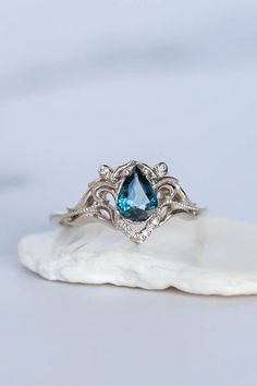 READY TO SHIP THE NEXT BUSINESS DAY!14K white gold, pear cut natural teal sapphire 7x5 mm, moissanites, RING SIZE - 8 USOther sizes are available to orderExceptionally delicate, this bridal set is inspired by art nouveau style. Pear cut gemston... Teal Sapphire Engagement Ring, Stylised Flowers, Traditional Wedding Bands, Nature Inspired Engagement Ring, Vintage Engagement Rings Sapphire, Teal Sapphire, Matching Wedding Bands, Sapphire Engagement Ring, Custom Ring Designs