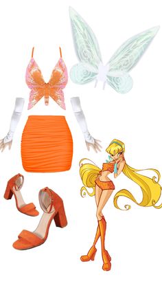 a woman in orange and white outfit with wings on her head, shoes and heels