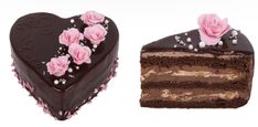 two pieces of chocolate cake next to each other with pink roses on top and one slice cut in half