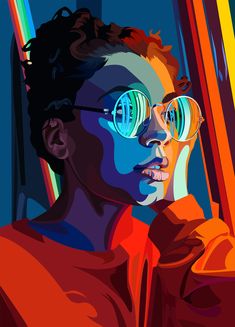 a man with glasses on his face and in front of a rainbow colored background is looking out the window