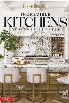 the front cover of house beautiful magazine featuring kitchen designs and decorating items in white